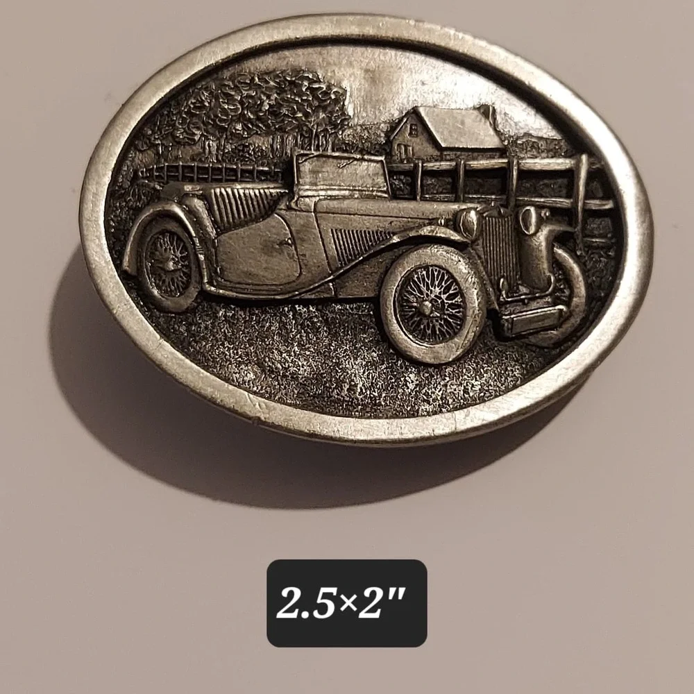 Vintage 1984 Bergamot Brass Works Car Scene Belt Buckle U-143 Made In USA Silver
